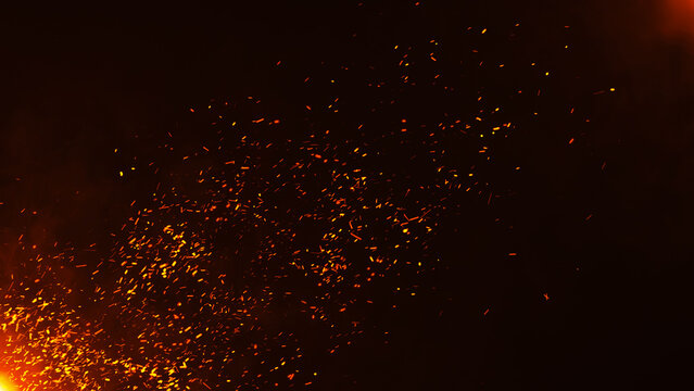 An abstract background with bright fiery sparks flying in a stream of hot air. Glowing particles on a dark red background. Suitable for themes related to fire, welding, metallurgy, energy, 