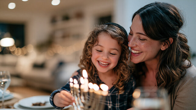 candid documentary-style photo, concept family, parent and child lighting a menorah together at a home dining table, warm candlelight glow on faces, cozy lived-in living room in so
