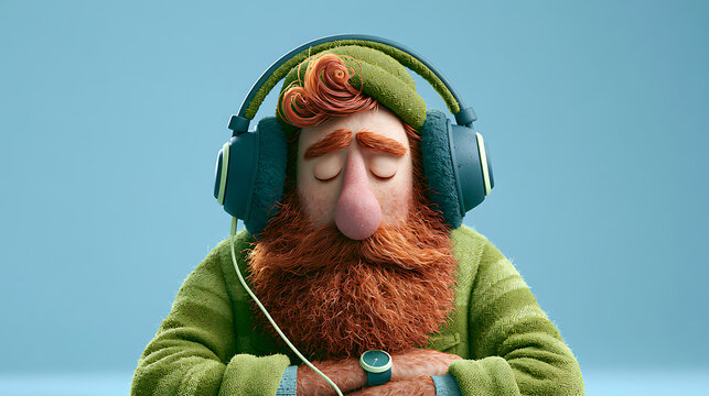 Red bearded man with headphones enjoys music in a 3d rendering