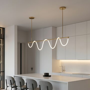 Contemporary kitchen design with flowing white led light feature and marble island
