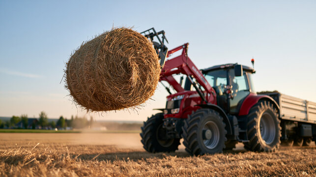 photorealistic stock photography, concept haymaking for livestock, front loader tractor lifting a round hay bale onto a flatbed trailer, dusty field in the background, warm late-af