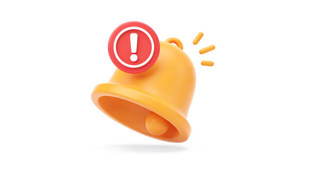 Yellow 3D alert bell with exclamation mark symbol notification attention