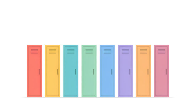 Row of colorful school lockers in hallway flat vector illustration isolated on white background