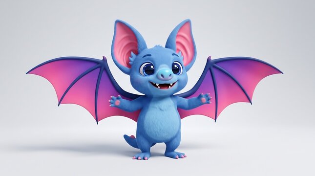Cute blue bat character with purple wings, friendly 3D cartoon bat mascot, adorable flying mammal illustration for kids