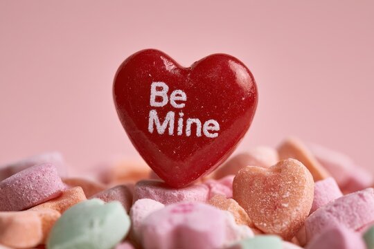 Be Mine candy resting atop tiny heart candies in a romantic still-life composition