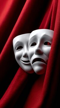 Masks of joy and sorrow peek from luxurious red fabric