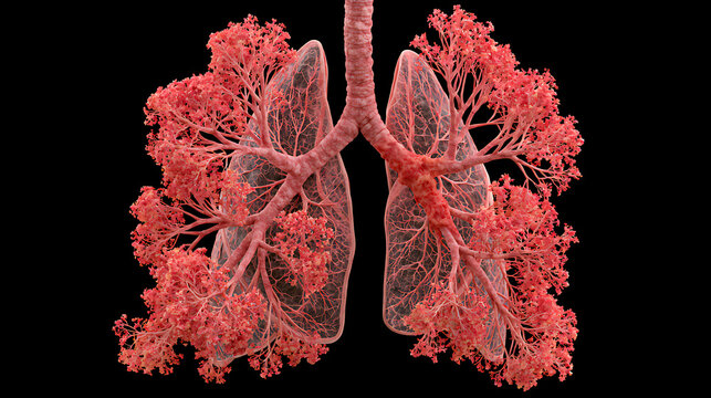 Human lungs displaying bronchioles and alveoli with signs of inflammation