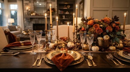 Obraz premium Elegant Thanksgiving table setting with pumpkins, candles, and floral centerpiece