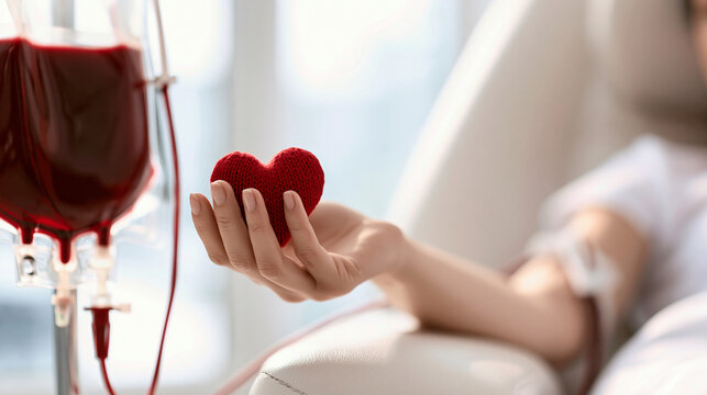 Stock style, hyper realistic, high quality photo, modern hospital blood donation center, close-up of a blood collection bag filled with deep red blood connected to sterile medical
