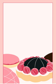 Chocolate Cake and Macarons Dessert Background with Copy Space Pink Bakery Vector Template for Cafe Menu Birthday Invitation