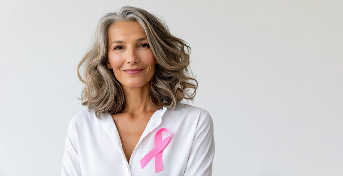 Middle aged woman wearing pink ribbon on white shirt for breast cancer awareness month campaign