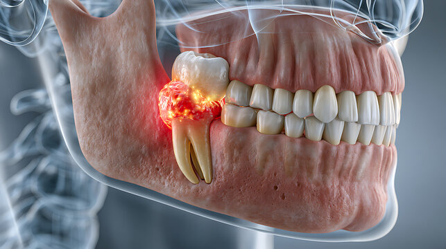 Impacted wisdom tooth illustration shows inflammation and dental anatomy