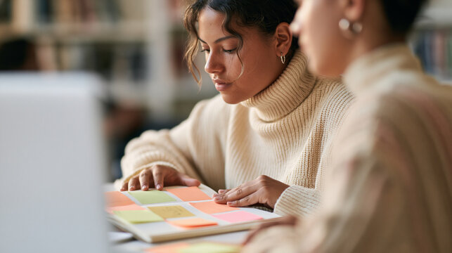 Stock style, hyper realistic, high quality photo, faceless female student seated on the right side of the frame, organizing color-coded sticky notes across an open notebook, no fac