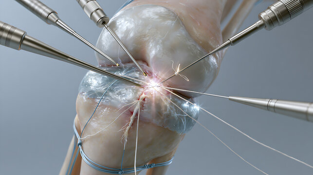 Knee arthroscopy surgery depicts meniscus repair with surgical instruments