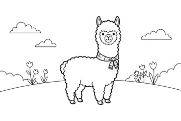 Naklejka premium Cute cartoon llama line art with a scarf in a field, surrounded by flowers and clouds, coloring book page