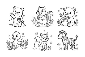 Obraz premium Baby animals coloring set including bear squirrel duck fox and zebra for preschool activity