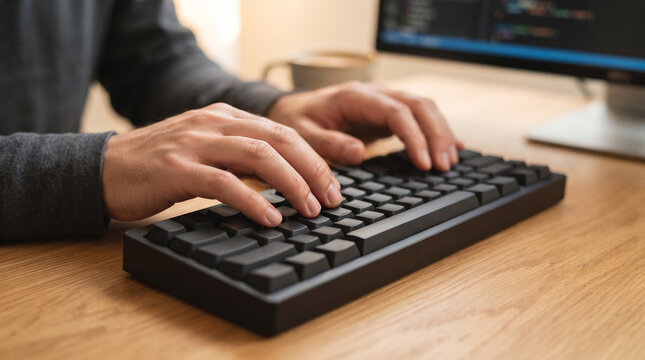 A person types on a black mechanical keyboard on a wooden desk, with a computer monitor ad social media download thambnail poster web template event festival 2026 2027 2028