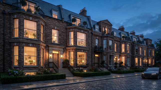 Luxury victorian townhouses illuminated at dusk on a cobblestone street with architecture townhouse exterior residential building twilight cobblestone property