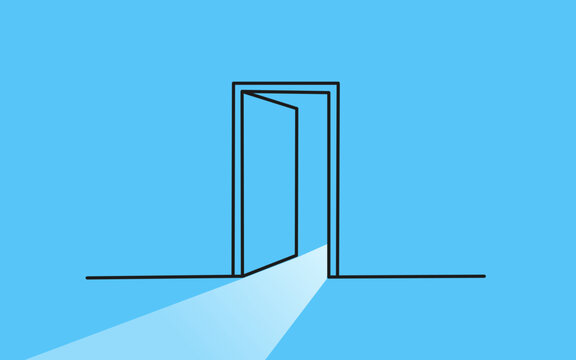 Open door with light shining through on blue background