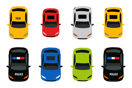 Top view of various cars including taxi and police car