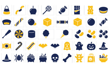 Fototapeta premium A comprehensive halloween candy and spooky themed icon set collection featuring various sweet treats and festive holiday symbols