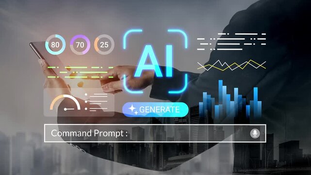 Business professional using tablet with digital graphics, AI indicators, and analytics symbols over city skyline background for modern technology themes Gluon.