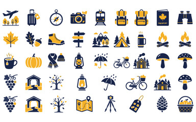 Fototapeta premium Comprehensive autumn travel and outdoor adventure icon set collection featuring seasonal nature hiking and camping elements