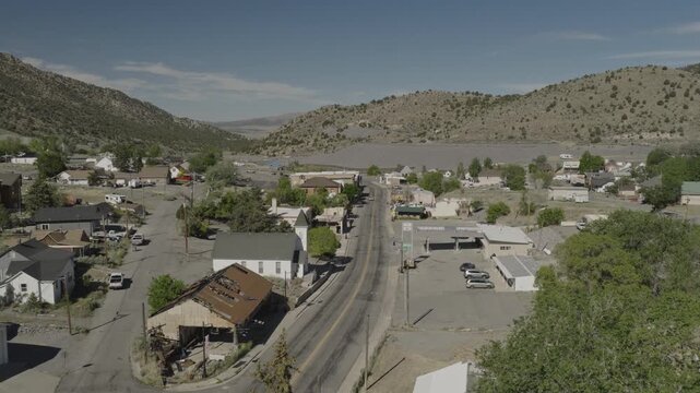 An aerial shot of the historic mining town of Eureka, Utah, USA