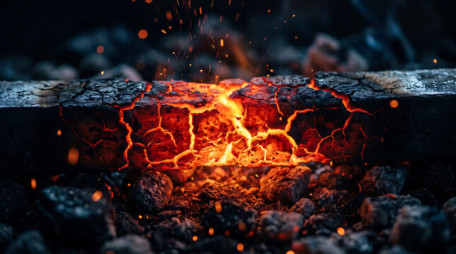 Glowing wood fire embers with bright orange cracks charred logs burning with intense heat fireplace smoldering crackling industrial firewood combustion background