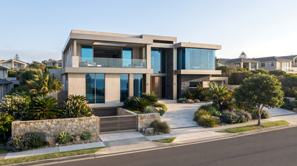 Obraz premium Modern luxury mansion exterior with glass facade and stone walls featuring landscaped garden and ocean view during sunset showing high end residential architecture design.