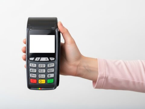 A hand holding a black payment terminal with a keypad and screen isolated on white background