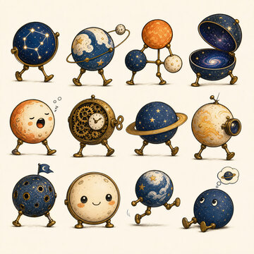 Cute fantasy walking planetarium and celestial globe character set, whimsical vintage brass clockwork orrery, galaxy and constellation clip art illustration bundle