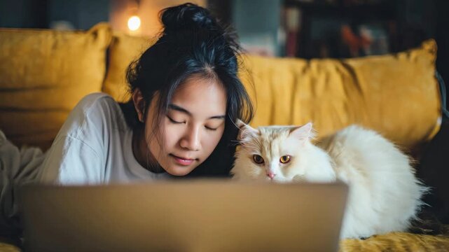 A girl with a fluffy white cat looks at a laptop on a cozy sofa. The concept is about working from home, cozy leisure time, and caring for pets