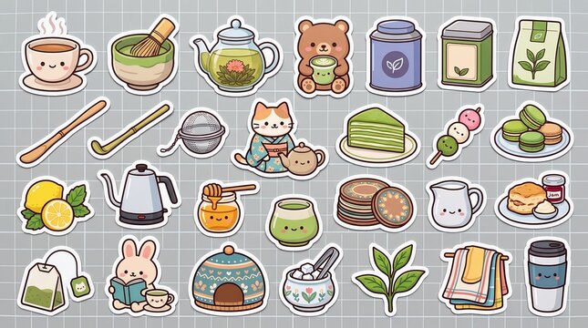 Collection of pastel colored vector illustrations depicting tea sweets and related items teapot teacup matcha