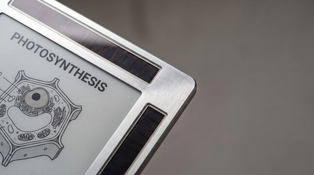 Modern solar powered digital device displaying plant cell photosynthesis diagram for sustainable science education study