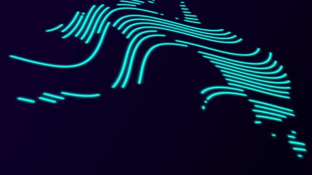 Australia Map from dynamic waves on dark  blue background.  Map of Australia in neon style.Three dimentional animation. 4K. Animated Video.