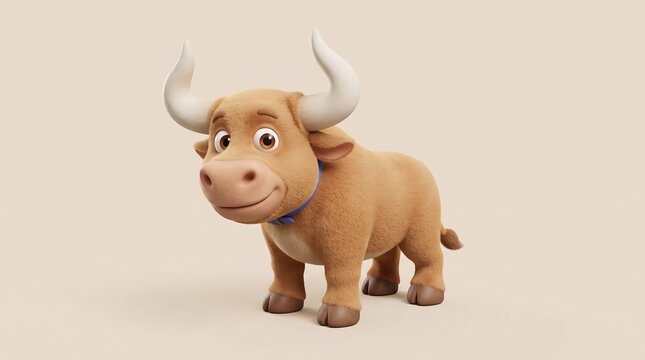 Cute 3D cartoon bull character with white horns. Friendly brown ox mascot on beige background. Playful farm animal illustration.