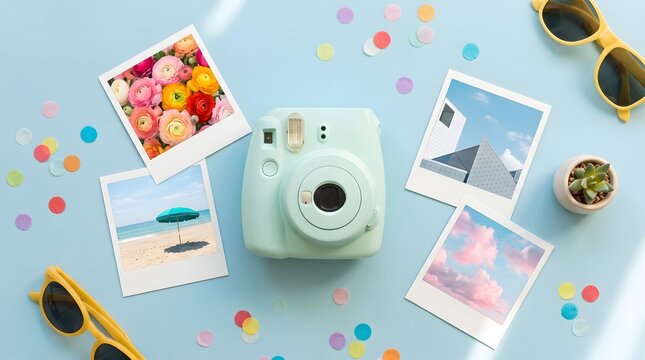 Pastel mint instant camera with colorful printed photos and sunglasses on a light blue background for summer travel