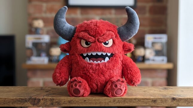 Red monster plush toy with horns, fluffy devil stuffed animal on wooden table, cute angry creature doll for nursery decor