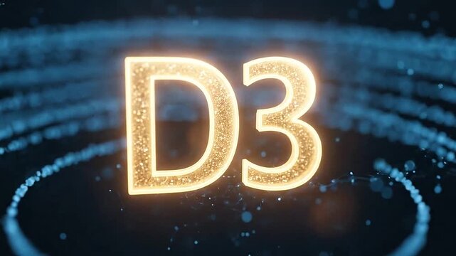 Glowing D3 vitamin symbol with digital particle rings.