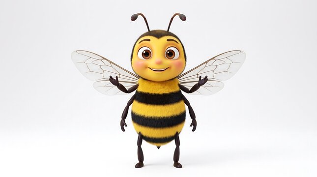 Cute 3D honey bee character, friendly bumblebee mascot with wings, cheerful yellow and black insect on white background