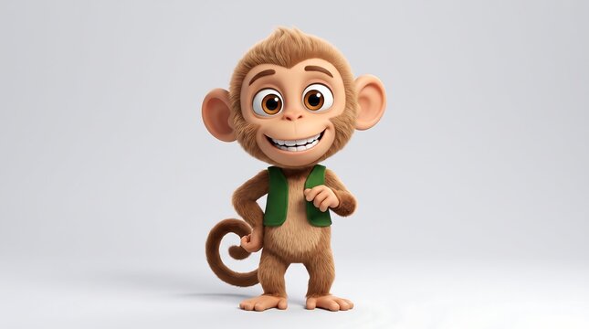 Adorable 3D monkey character wearing a green vest, cute animated primate mascot on white background, friendly cartoon monkey illustration