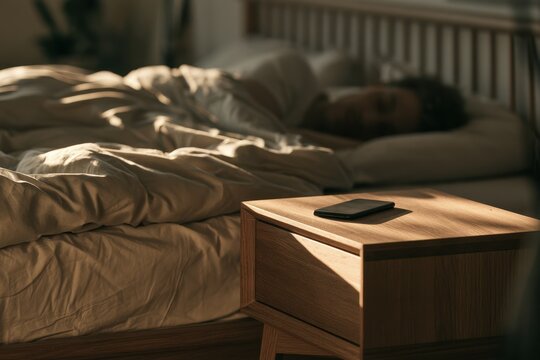 Intimate bedroom scene: close-up of a handheld device on a nightstand with a resting person in dawn light