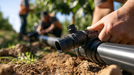 Fototapeta premium Wide poster-style stock photo of a small inline pressure regulator fitted along a black drip irrigation line running between rows of fruit trees, a slow drip of water visibly formi