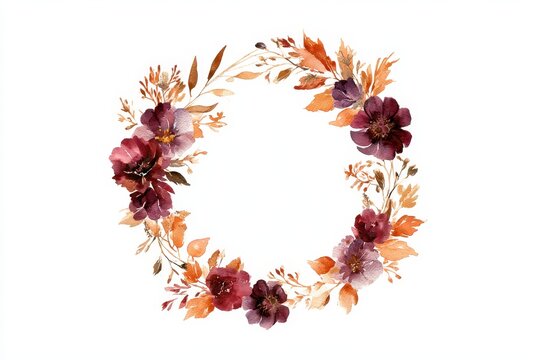 Autumn watercolor wreath with burgundy flowers and colorful fall foliage on white background