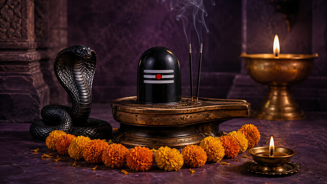 Sacred black shiv lingam and cobra snake statue adorned with marigold flowers and incense sticks for auspicious nag panchami festival worship rituals