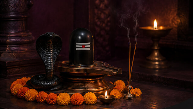 Atmospheric indoor temple shrine showing a holy black shiv lingam and a dark stone snake statue with incense smoke for nag panchami