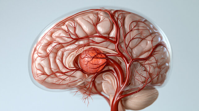 Realistic 3D cross section illustration of brain aneurysm pathology, cerebral artery with balloon-like vessel expansion, detailed brain tissue structures, transparent anatomical vi