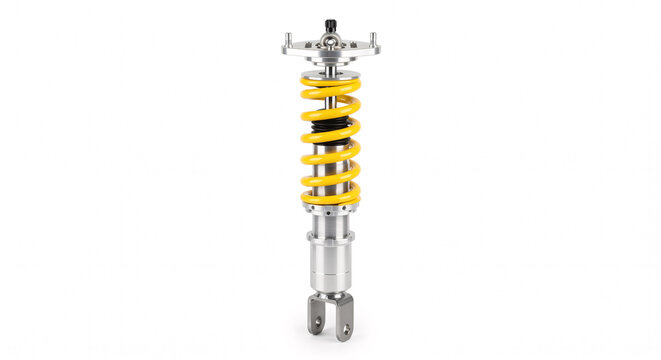 Adjustable car sport coilover suspension with yellow spring isolated on white background