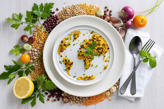 Healthy plant based food arranged as world map on plate surrounded by fresh ingredients
